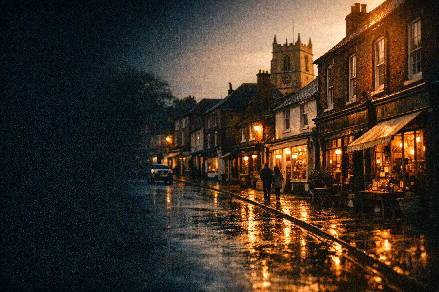 A small UK market town high street at golden hour with independent shopfronts lit up