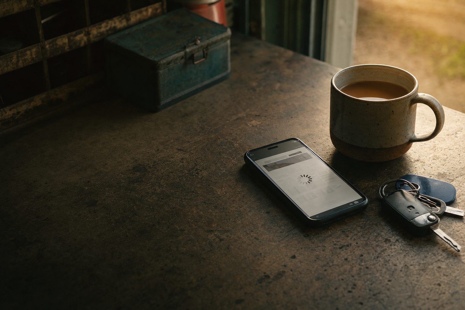 A smartphone on a workshop counter showing a slow-loading local business website